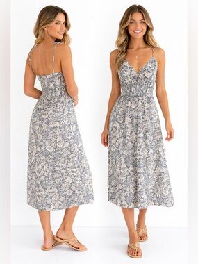 Patrons of Peace Blue & Cream Floral V-Neck Midi Dress